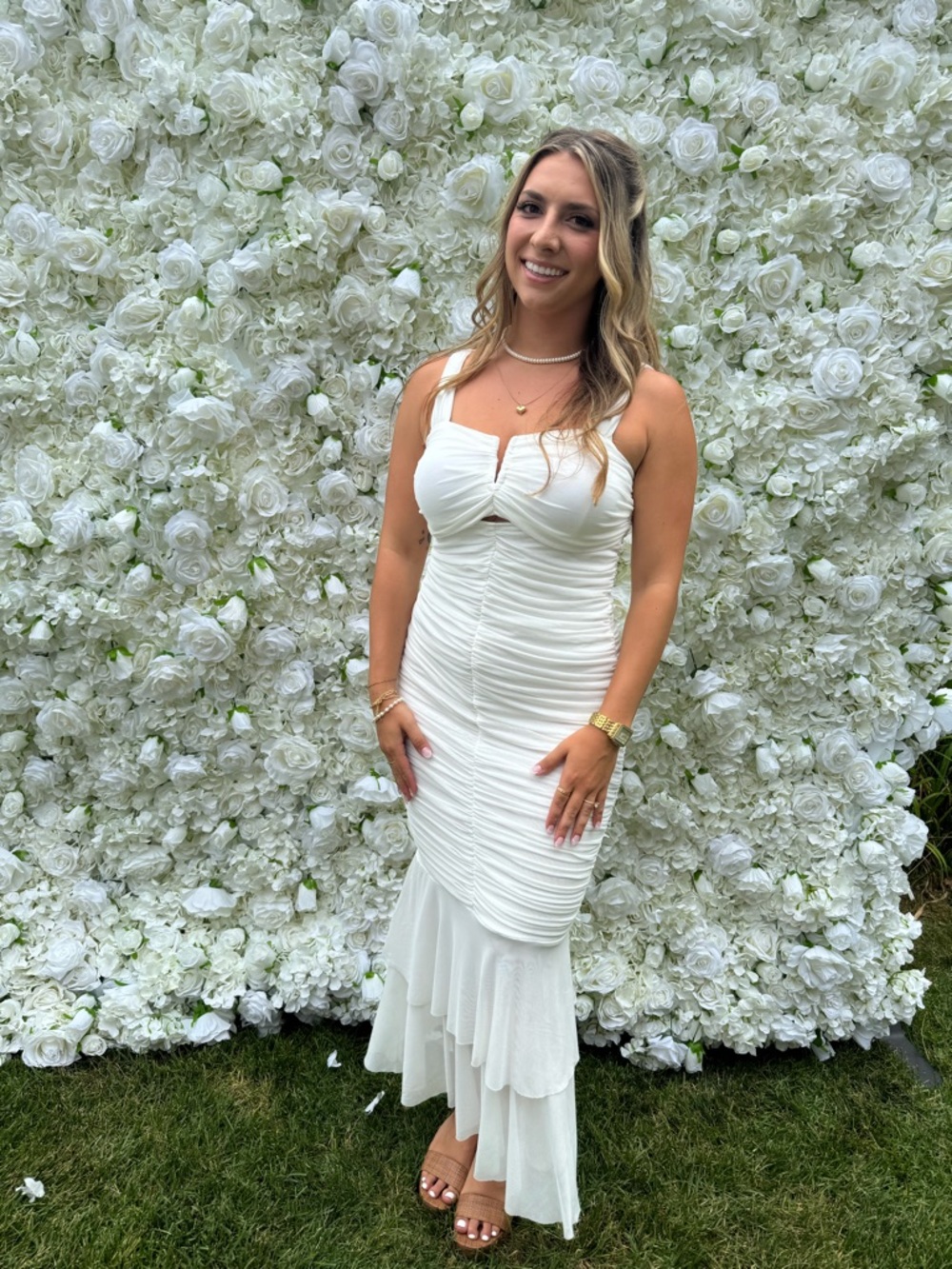 White Mesh Maxi Dress with Flounce Hem